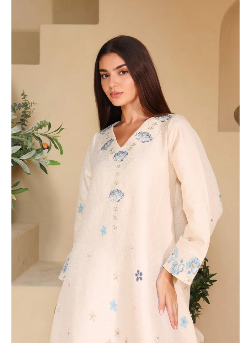 IKKXA Classic Floral Linen Fabric Jalabiya IK6034 Blue